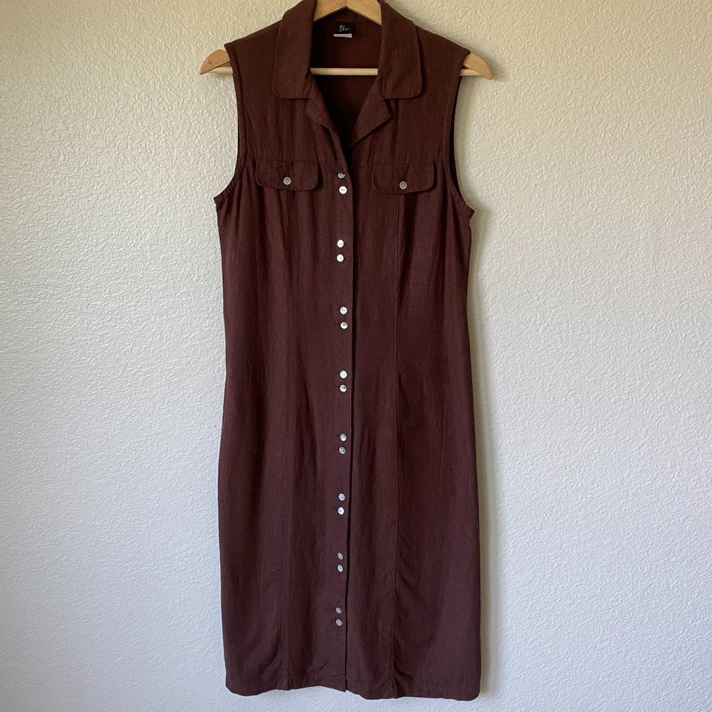 Vintage Linen Blend Button Front Sleeveless Sheath Dress